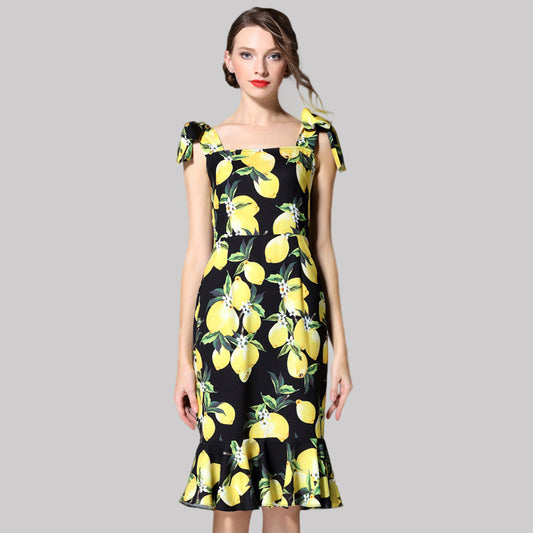 Customize Summer Runway Designer Boutique Dress Women's High Quality Fresh Yellow Lemon Printed Bow Shoulder Strap Mermaid Dress