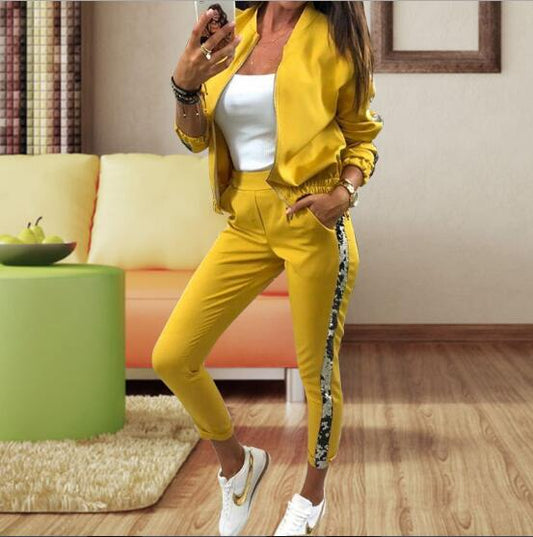 Gilding Fashion Pant Suits 2 Piece Set Women zipper open yellow armygreen Blazer Jacket & Trouser Office Lady Suit Feminino 2020