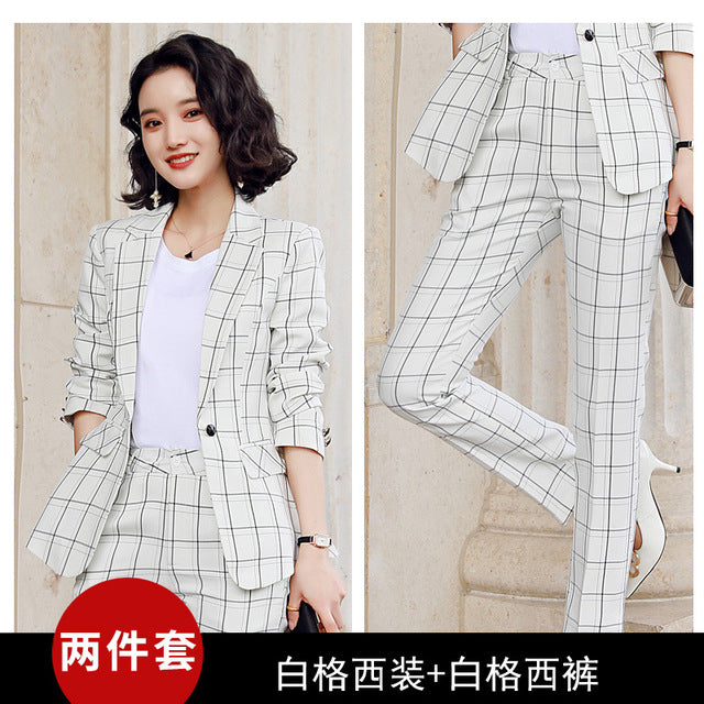 Fashion professional women's suit office pants two-piece 2020 New Spring Summer Plaid Women's Blazer Jacket Slim-fit trousers