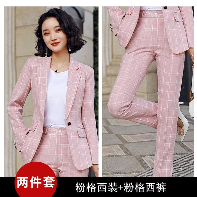 Fashion professional women's suit office pants two-piece 2020 New Spring Summer Plaid Women's Blazer Jacket Slim-fit trousers