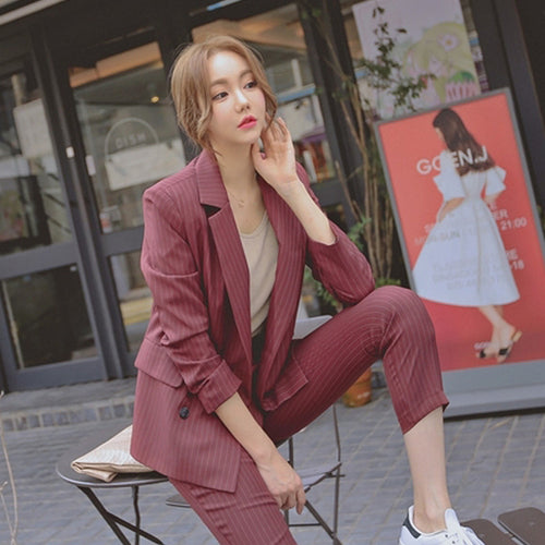 Work Fashion Pant Suits 2 Piece Set For Women Double Breasted Striped Blazer Jacket & Trouser Office Lady Suit Feminino 2019