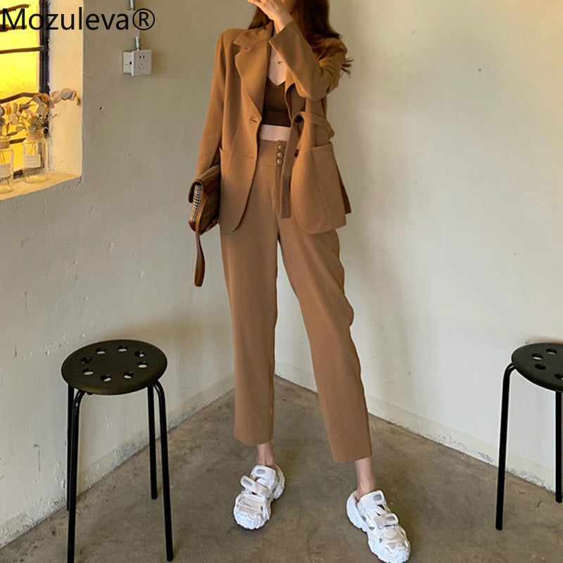 Mozuleva Fashion Khaki Women Pant Suits 2020 Casual Female 2 Pieces Set Single-breasted Blazer Jacket & High Waist Pencil Pants