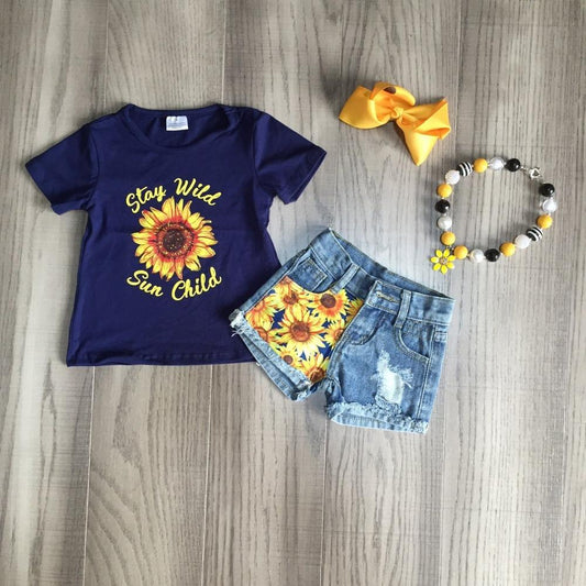 baby girls summer jeans outfits girl sunflower print shirts girls boutique denim outfits with accessories