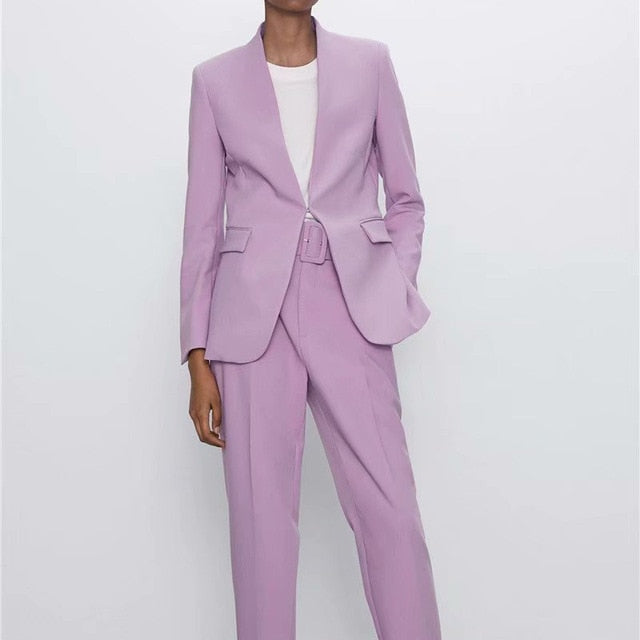 Fashion Violet Women Blazer Suits Long Sleeve Hidden Breasted Blazer Pants Set Office Ladies Two-Piece Blazer Sets