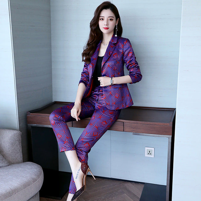 Famous Yuan Hong Kong style new women's wear professional suit printed small suit trousers show thin two-piece fashion