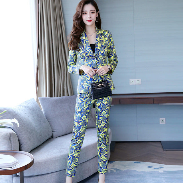 Famous Yuan Hong Kong style new women's wear professional suit printed small suit trousers show thin two-piece fashion