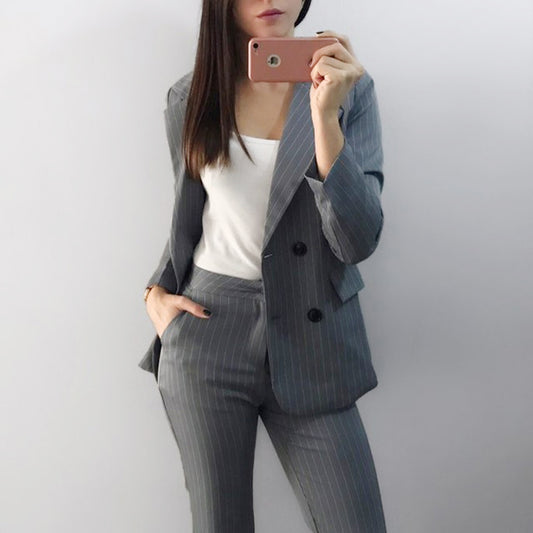 Work Fashion Pant Suits 2 Piece Set for Women Double Breasted Striped Blazer Jacket & Trouser Office Lady Suit Feminino 2019