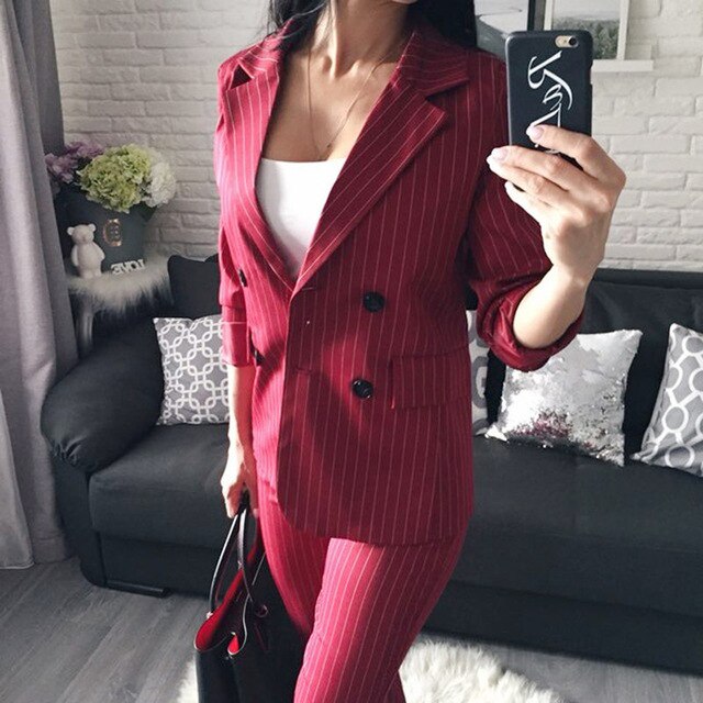 Work Fashion Pant Suits 2 Piece Set for Women Double Breasted Striped Blazer Jacket & Trouser Office Lady Suit Feminino 2019