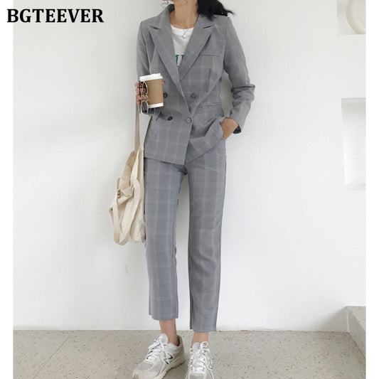 BGTEEVER Fashion Plaid Women Blazer Suits Long Sleeve Double Breasted Blazer Pants Set Office Ladies Two-piece Pant Suit 2020