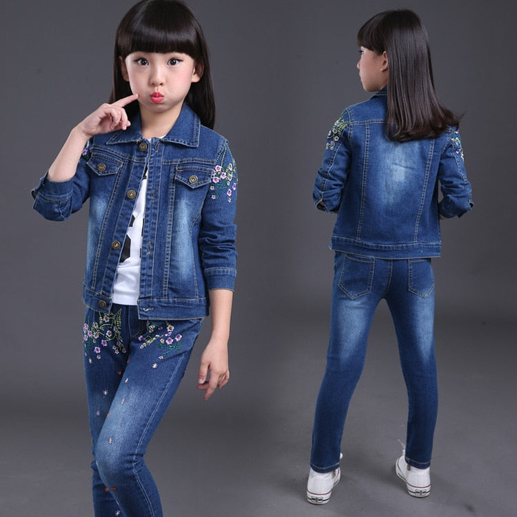 Latest Design New Fashion Children Girl Clothes Denim Boutique Kids Clothes Embroid Single coatery Flower Girl Outfit