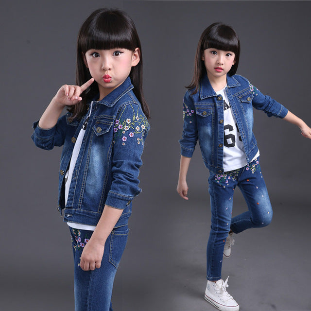 Latest Design New Fashion Children Girl Clothes Denim Boutique Kids Clothes Embroid Single coatery Flower Girl Outfit