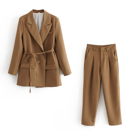 ZXQJ elegant women high quality brown suit set 2020 fashion vintage ladies cotton jackets casual female soft suits girls chic