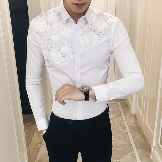 2019 New Fashion Lace Design Boutique Men's Slim Casual Long-sleeved Shirt Stage Banquet Social Male Solid Color Shirts