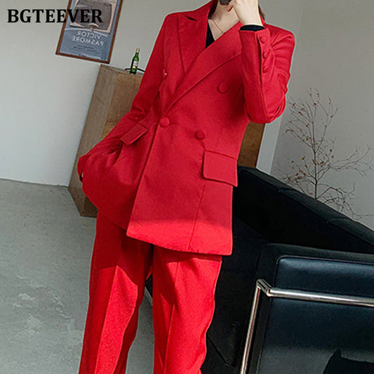 BGTEEVER Fashion Red Women Blazer Suit Double-breasted Slim Female Blazer Pant Suit OL Style 2 Pieces Set Women Blazer Set 2020