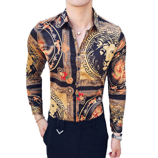 2019 New Luxury Boutique Fashion Peacock Print Mens Slim Casual Long-sleeved Shirt Personality Design Male Social Leisure Shirts
