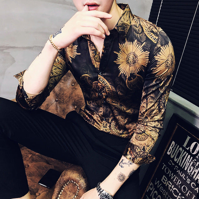 2019 New Luxury Boutique Fashion Peacock Print Mens Slim Casual Long-sleeved Shirt Personality Design Male Social Leisure Shirts