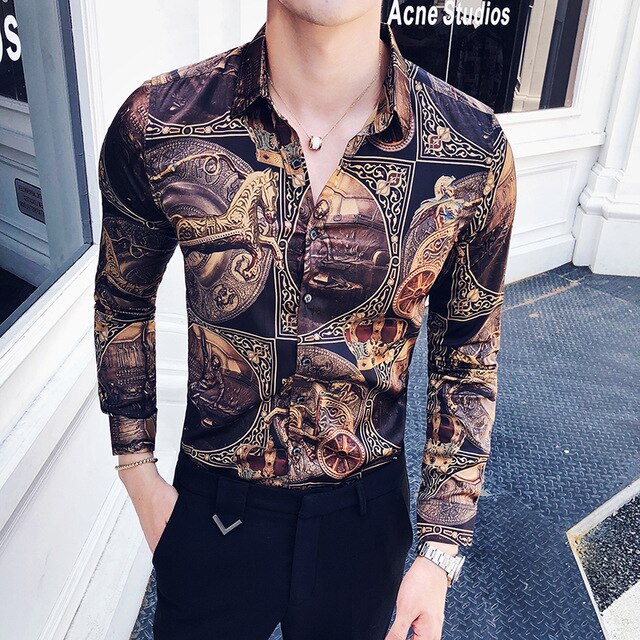 2019 New Luxury Boutique Fashion Peacock Print Mens Slim Casual Long-sleeved Shirt Personality Design Male Social Leisure Shirts