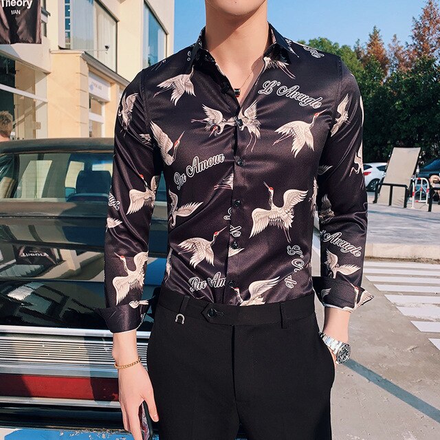 2019 New Luxury Boutique Fashion Peacock Print Mens Slim Casual Long-sleeved Shirt Personality Design Male Social Leisure Shirts