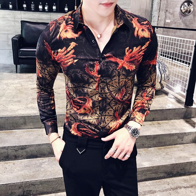 2019 New Luxury Boutique Fashion Peacock Print Mens Slim Casual Long-sleeved Shirt Personality Design Male Social Leisure Shirts