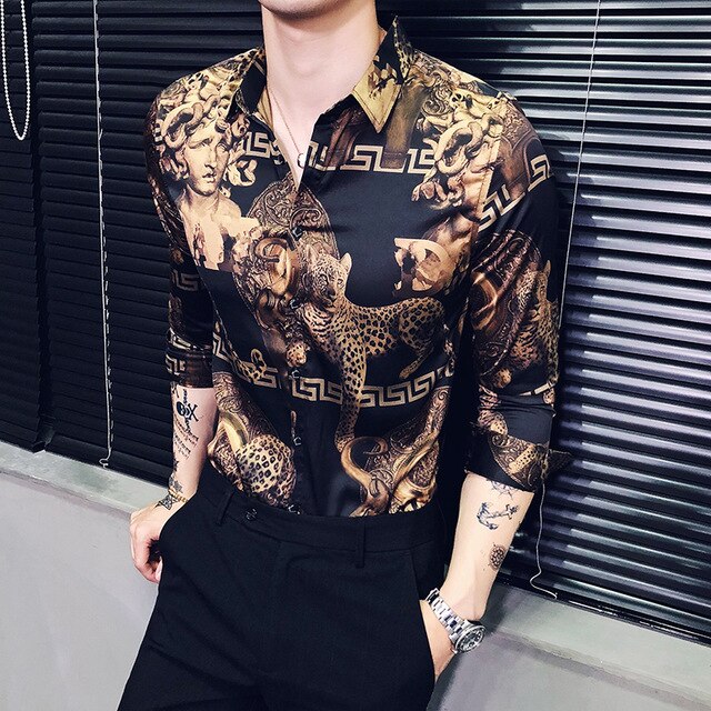 2019 New Luxury Boutique Fashion Peacock Print Mens Slim Casual Long-sleeved Shirt Personality Design Male Social Leisure Shirts