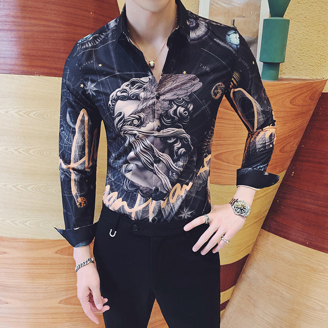 2019 New Luxury Boutique Fashion Peacock Print Mens Slim Casual Long-sleeved Shirt Personality Design Male Social Leisure Shirts