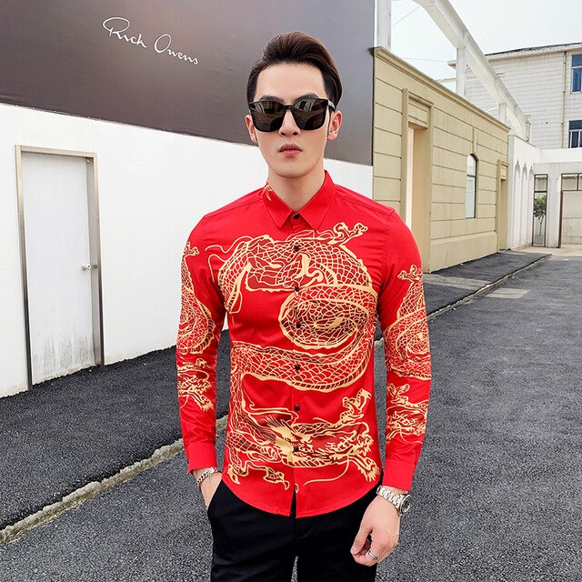 2019 New Luxury Boutique Fashion Peacock Print Mens Slim Casual Long-sleeved Shirt Personality Design Male Social Leisure Shirts