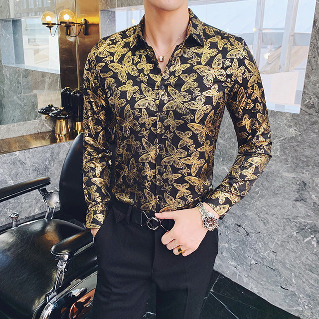 2019 New Luxury Boutique Fashion Peacock Print Mens Slim Casual Long-sleeved Shirt Personality Design Male Social Leisure Shirts