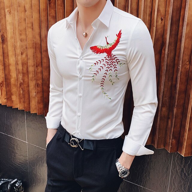 2019 New Luxury Boutique Fashion Peacock Print Mens Slim Casual Long-sleeved Shirt Personality Design Male Social Leisure Shirts