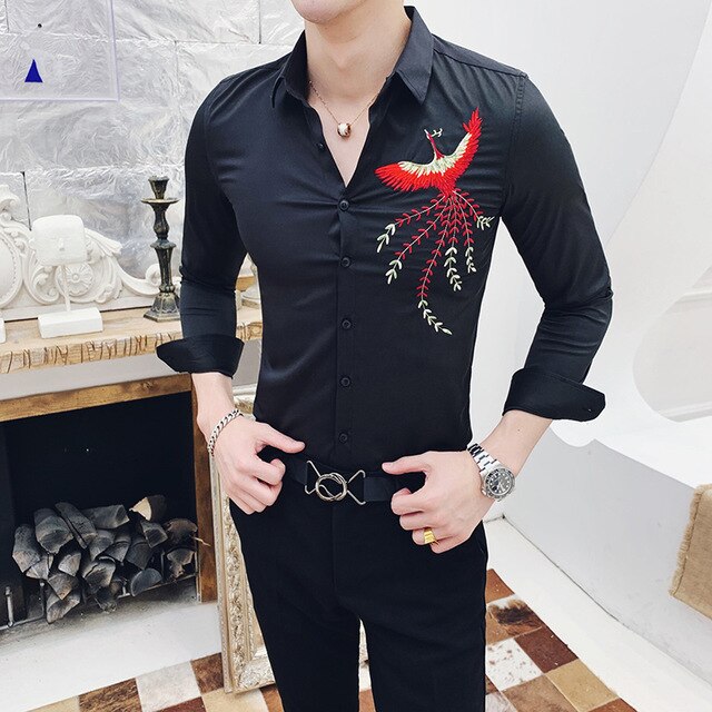 2019 New Luxury Boutique Fashion Peacock Print Mens Slim Casual Long-sleeved Shirt Personality Design Male Social Leisure Shirts