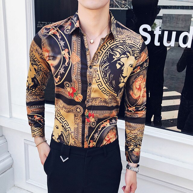 2019 New Luxury Boutique Fashion Peacock Print Mens Slim Casual Long-sleeved Shirt Personality Design Male Social Leisure Shirts