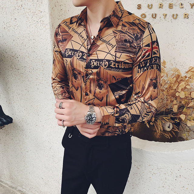 2019 New Luxury Boutique Fashion Peacock Print Mens Slim Casual Long-sleeved Shirt Personality Design Male Social Leisure Shirts