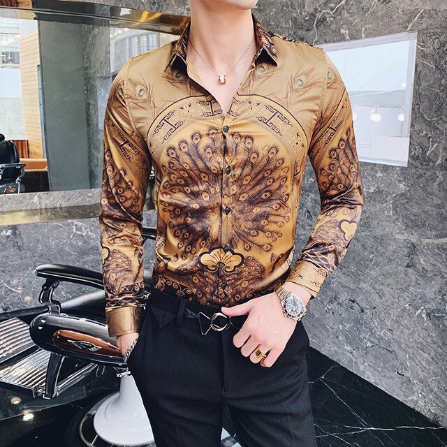 2019 New Luxury Boutique Fashion Peacock Print Mens Slim Casual Long-sleeved Shirt Personality Design Male Social Leisure Shirts