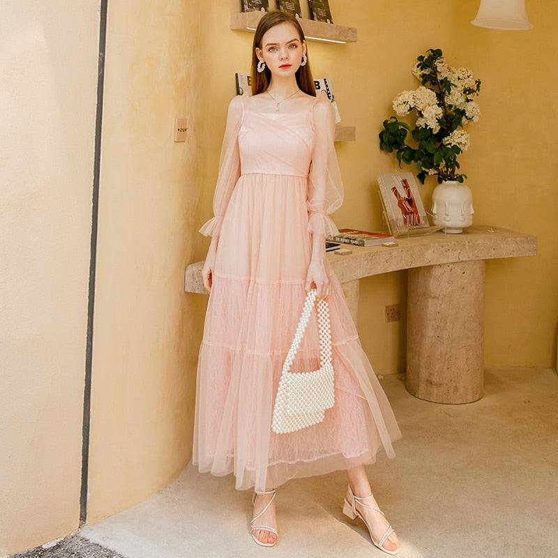 YIGELILA Women Fashion Mesh Long Dress Elegant Square Collar Lantern Sleeve Dress Empire Slim Solid Beach Holiday Dress 65631