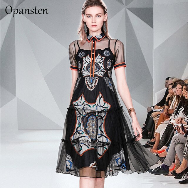 2019 Vintage Flower Print Evening Dreass Mesh Perspective Hollow Woman Sexy Party Dress Elegan Female Summer Dress