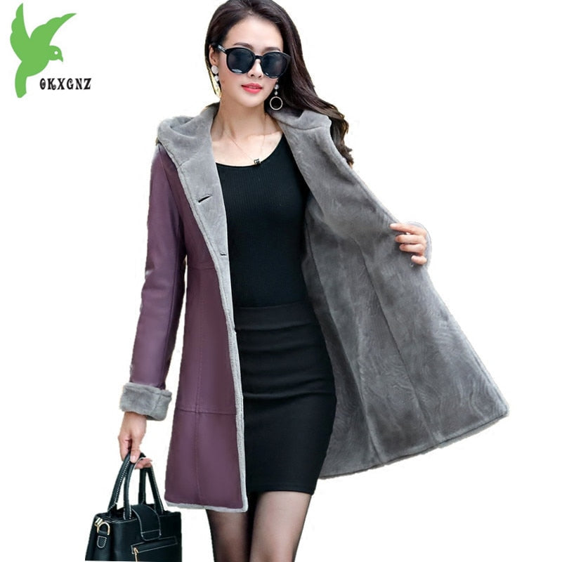 Boutique Women winter leather jacket Fur Together coats Medium length Hooded trench Plus size Thicker Leather jackets OKXGNZ1200