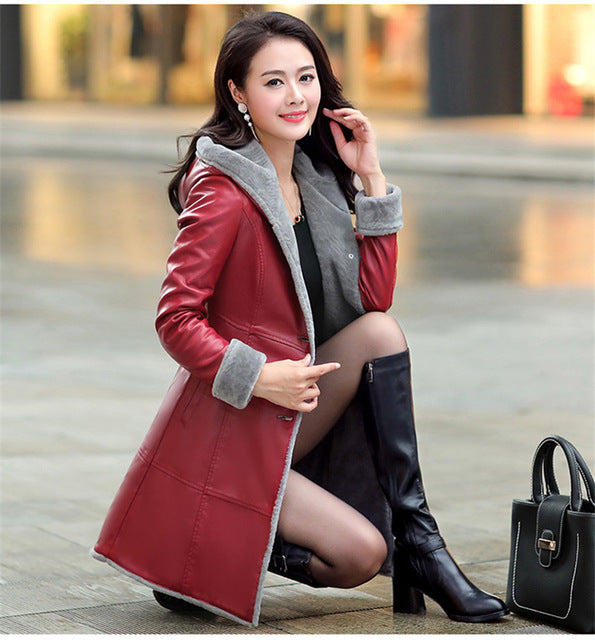 Boutique Women winter leather jacket Fur Together coats Medium length Hooded trench Plus size Thicker Leather jackets OKXGNZ1200