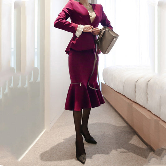 new fashion temperament comfortable ruffles suit and simple slim skirt work style high quality outdoor trend purple skirt suits