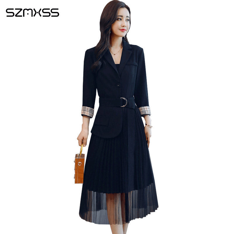 2018 autumn new Korean women dresses simple self-cultivation wild trend dress suit collar stitching long-sleeve Dress