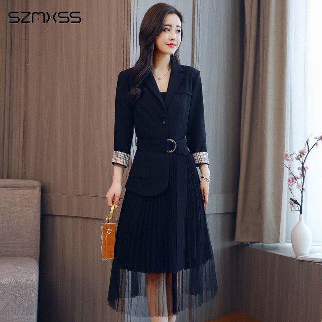 2018 autumn new Korean women dresses simple self-cultivation wild trend dress suit collar stitching long-sleeve Dress