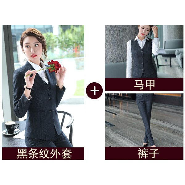 Set female 2019 autumn new temperament striped professional casual women's three-piece suit + vest + trousers elegant fashion