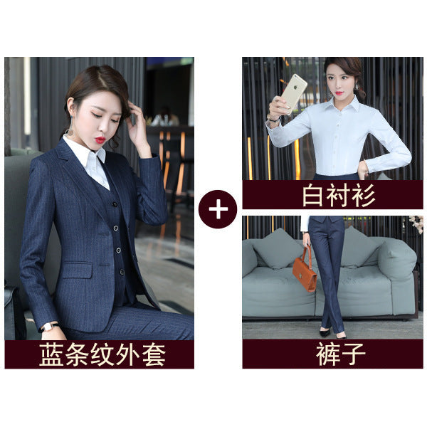 Set female 2019 autumn new temperament striped professional casual women's three-piece suit + vest + trousers elegant fashion