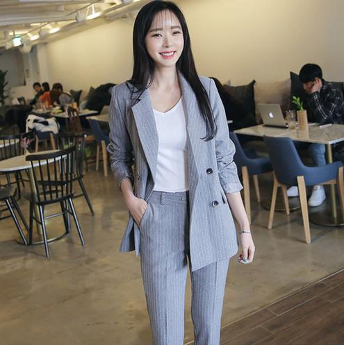 Work Fashion Pant Suits 2 Piece Set For Women Double Breasted Striped Blazer Jacket & Trouser Office Lady Suit Feminino 2019